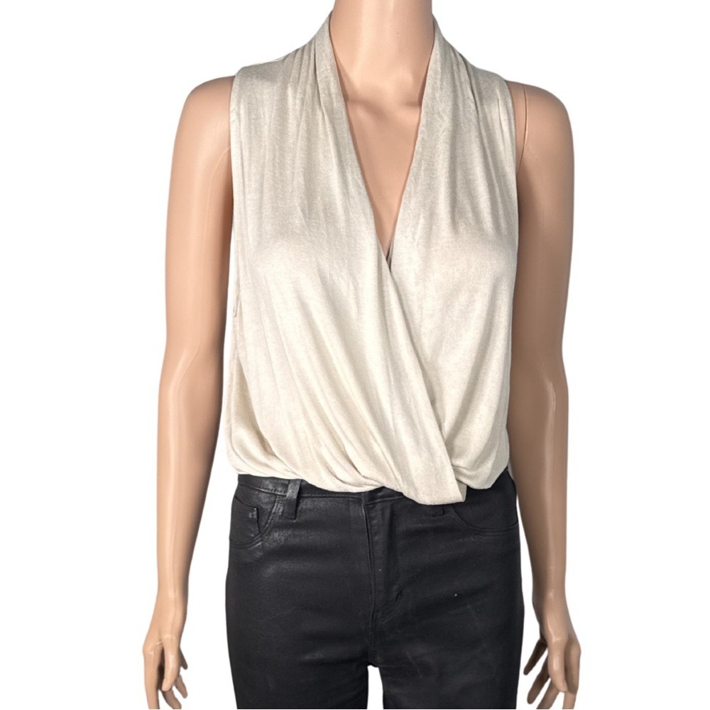 Vince Womens Cream Beige Draped Surplice V-Neck Sleeveless Bodysuit Large